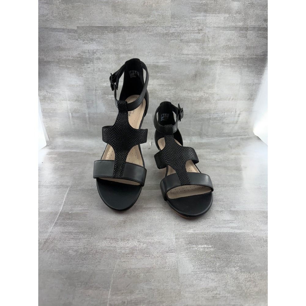 Clarks Collection Black Leather T-Strap Wedge Sandals 26140584 Women Size 8 M
